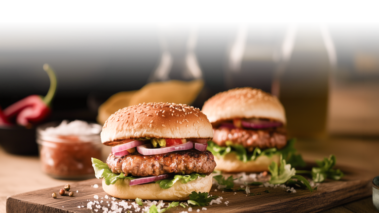 zwei frische Burger auf einem Holzbrett. Auf dem Brett liegen außerdem einige Gewürze wie Salz, Pfeffer und Petersilie. Im Hintergrund sieht man ein Glas mit einer roten Soße und eine Spitzpaprika.