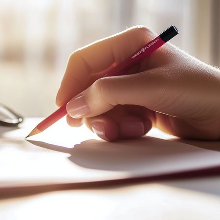 Nahaufnahme einer Hand, die einen Bleistift hält und etwas zu Papier bringt. Der Bleistift ist rot und es steht "Westfleisch" darauf.