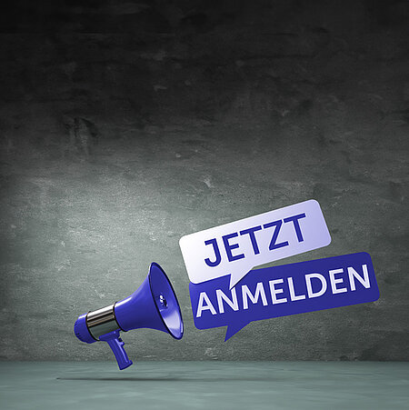 blaues Megaphon mit Bubble "Jetzt anmelden"