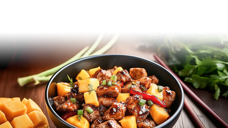 Eine Fleisch-Bowl auf einem Holzbrett. In der Bowl befinden sich Fleischstücke in Gulaschgröße, gelbe Würfel die Mango sein könnten, sowie eine Chili-Schote. Das Essen ist verziert mit Frühlingszwiebeln und Petersilie. Neben der Bowl liegen zwei Stangen Frühlingszwiebeln, eine angeschnittene Mango und Kräuter. 