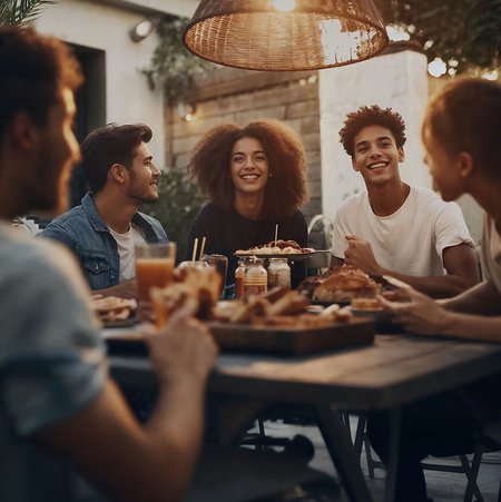 Eine Gruppe von fünf jungen Menschen sitzt entspannt an einem gedeckten Tisch im Freien, bei angenehmer Abendstimmung. Im Vordergrund stehen Speisen und Getränke wie Brot, Saft und Desserts. Zwei Personen in der Mitte, eine Frau mit lockigem Haar und ein Mann im weißen T-Shirt, lächeln direkt in die Kamera. Über ihnen hängt eine dekorative Lampe aus Flechtmaterial, die warmes Licht verbreitet. Im Hintergrund sind eine Wand, Pflanzen und Lichter zu sehen.
