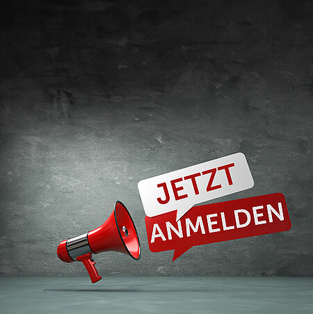 rotes Megaphon mit Bubble "Jetzt anmelden"