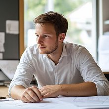 Ein junger Mann in einem weißen Hemd sitzt an einem Tisch. Auf dem Tisch unter seinen Armen liegen Papiere.