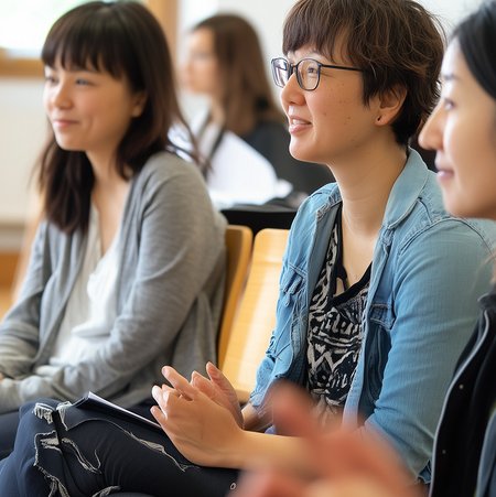 Junge Menschen, die aus Asien zu kommen scheinen, sitzen nebeneinander auf Holzstühlen, wie in einem Vorlesungssaal. Sie sehen glücklich und motiviert aus.