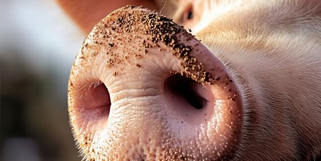 Eine Nahaufnahme vom Rüssel eines Hausschweins. Es ist Dreck am Rüssel, als hätte das Schwein gerade gewühlt. 