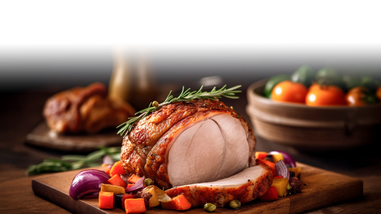Im Fokus ist ein Braten auf einem Holzbrett, von dem eine Scheibe abgeschnitten auf dem Brett liegt. Auf dem Braten liegt ein Rosmarinzweig. Um den Braten herum liegen Paprikastückchen und Zwiebeln auf dem Brett. Im Hintergrund sieht man eine Holzschale mit Tomaten und ein weiteres Brett mit Fleisch.