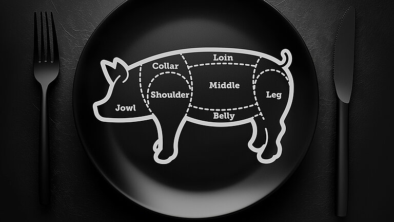 Eine AI generierte Grafik. Ein schwarzer Teller mit schwarzem Besteck daneben sind auf einem schwarzen Tisch. Auf dem Teller sieht man die Umrisse eines Schweins in weiß. Auf dem Schwein sind die einzelnen Teile markiert, die man nach der Schlachtung kaufen könnte. 