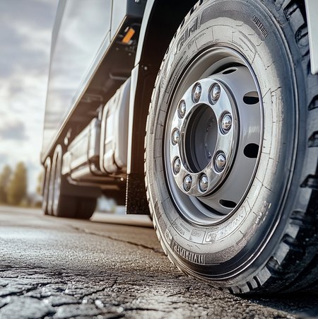 Nahaufnahme eines LKW Reifens aus der Froschperspektive von seitlich vorne. Man sieht den Reifen sehr groß und im Hintergrund den Rest des LKW.